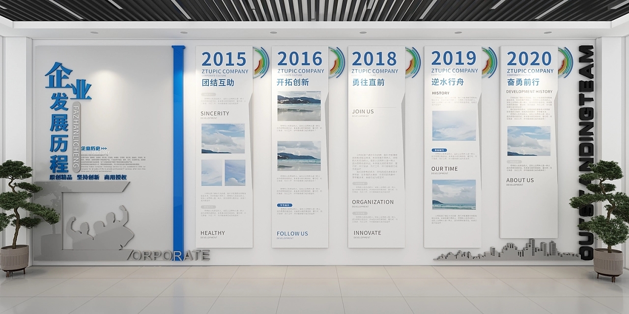 企業(yè)發(fā)展歷程藍(lán)色文化墻設(shè)計制作