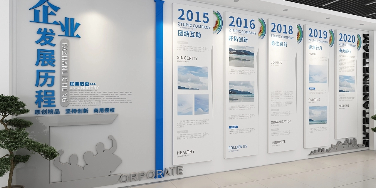 企業(yè)發(fā)展歷程藍(lán)色文化墻設(shè)計制作